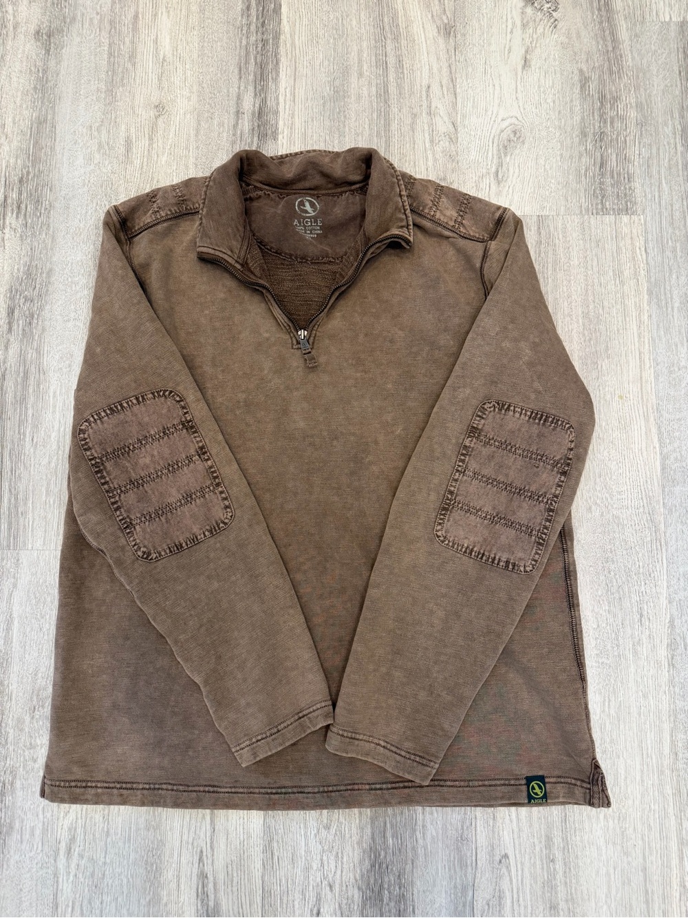 Aigle XL Brown 100% Cotton Quarter Zip Pullover Elbow Patches